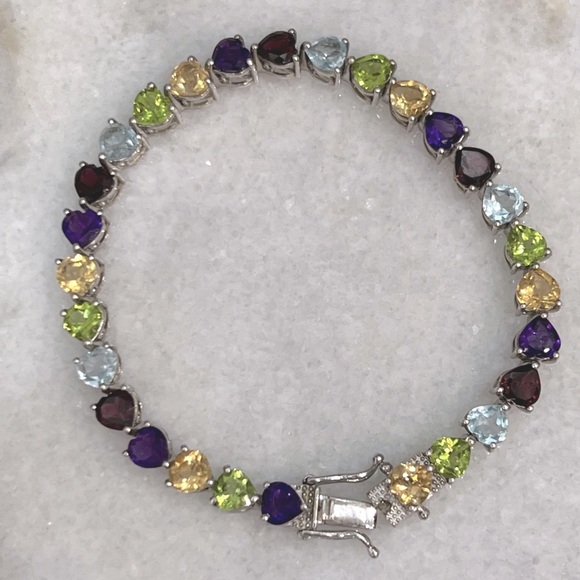 Multigemstone Sterling Silver Heart Tennis Bracelet - Picture 3 of 15